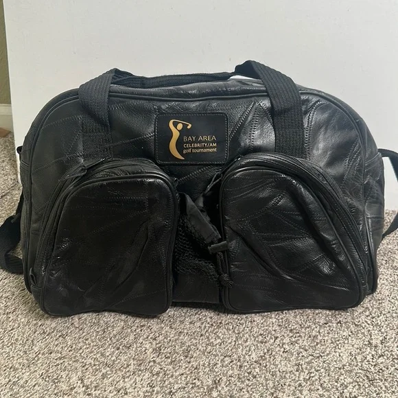 Black leather Bay Area celebrity/AM golf tournament bag