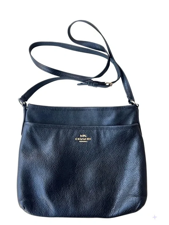 COACH Black Pebbled Leather File Messenger Crossbody Bag Gold Logo Purse