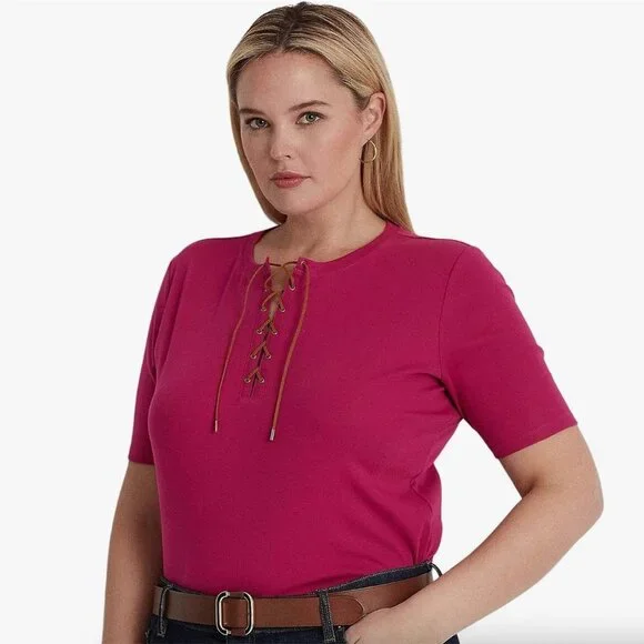 LAUREN Ralph Lauren Lace-Up Stretch Cotton Top Blouse Pink Sz Large NWT‎ Women's