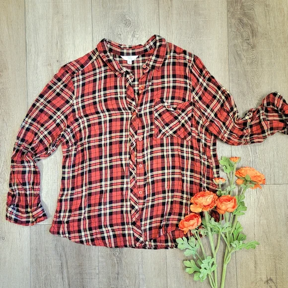 Time‎ & Tru Orange Plaid Flannel Button Up Long Sleeve Roll Tab Size XXL 2XL