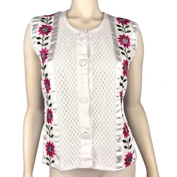 Handmade Embroidered Pink Flowers White Button Up Tank Vest Sleeveless Size‎ M