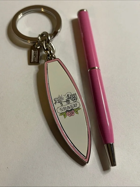 Coach Surfboard Keychain in Pink and Cream and Pink Coach Pen