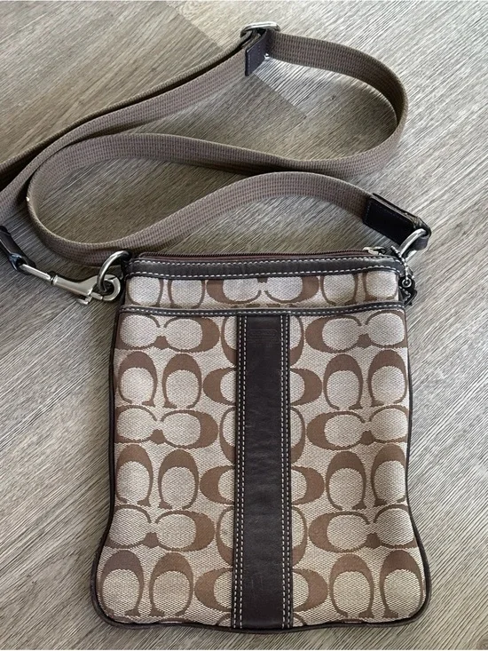 Coach Brown/Tan Signature Crossbody with Center Leather Stripe