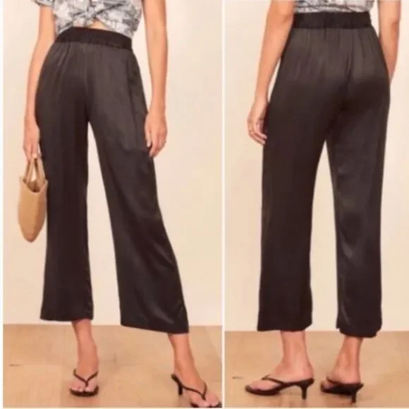 Reformation 100% Silk Wide Leg Black Smocked Waist Pull On Flowy Pant