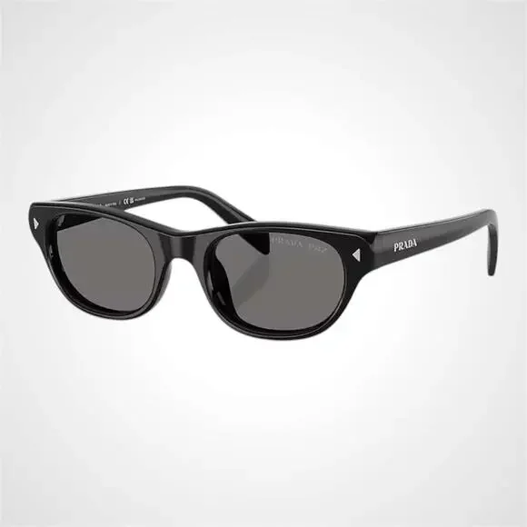 New PRADA Sunglasses Black Polarized Logo Cat Eye Square Grey Lens 50-20-145mm