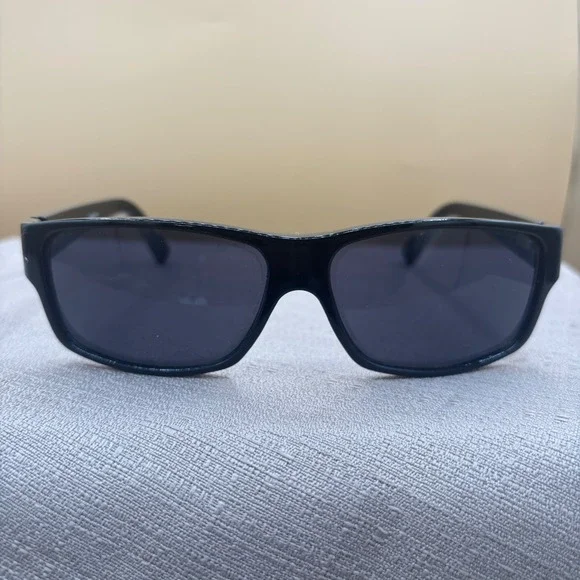 Claiborne Sunglasses Womens Black Rectangular Wrap Frame Silver Logo Detail