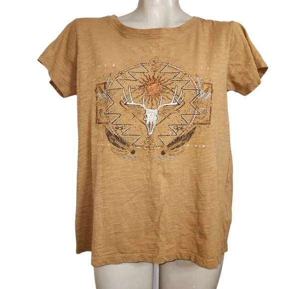 Shyanne Womens Mustard Slub Cotton Graphic Tee Deer Skull Western Boho M western