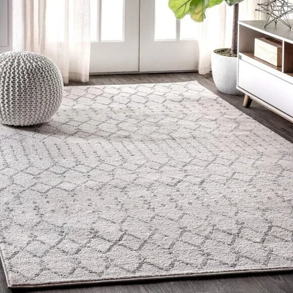 5x8 Moroccan Boho Area Rug, Vintage Diamond Cream/Gray Stain-Resistant Carpet