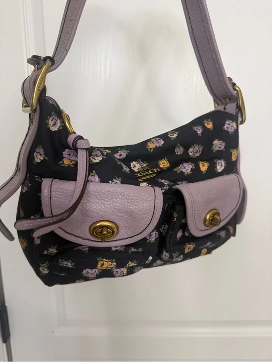 Vintage Coach Shoulder Bag Black Nylon Rose Print Lavender Leather No.A2022 596