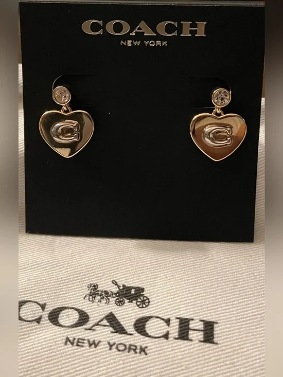 Coach Gold Heart C Logo Drop Earrings with Crystal Stud