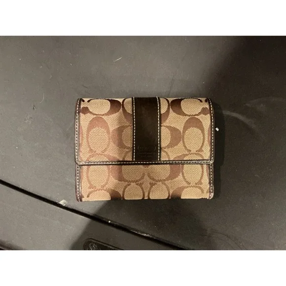 VTG Coach Signature Jacquard Trifold Wallet Brown Leather Trim Monogram Logo YKK