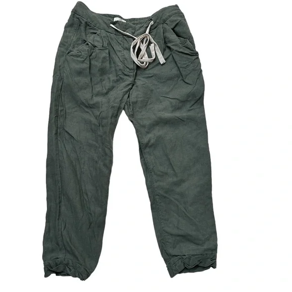 Wilfred Linen Blend Cropped Button Fly Joggers Adjustable Draw String Army Green