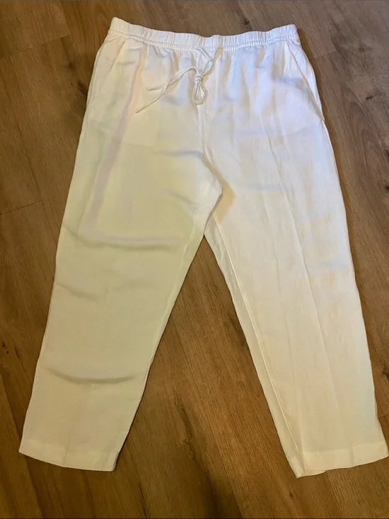 H&M Wide Leg Linen Blend Pull-On Pants Size L White Pockets Coastal Grandma EUC