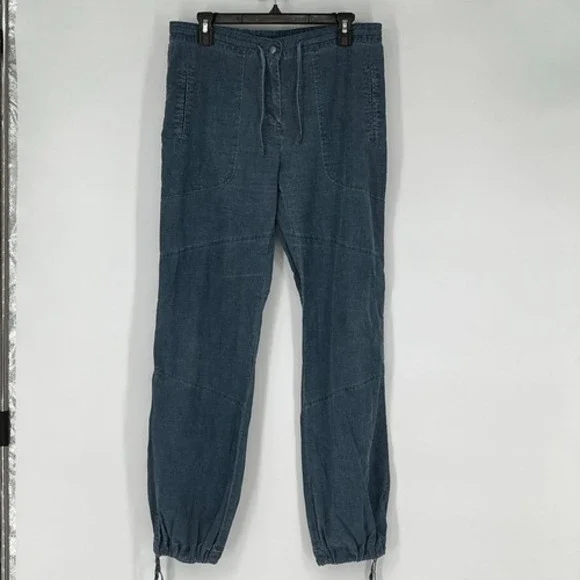 H&M L.O.G.G. Linen Jogger Pants Womens 10 Blue Drawstring Coastal Casual
