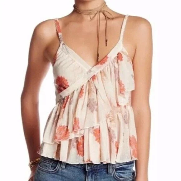 Free People Melbourne Ruffle Ribbed Tank Frilly Floral Tiered Fairy Size Medium
