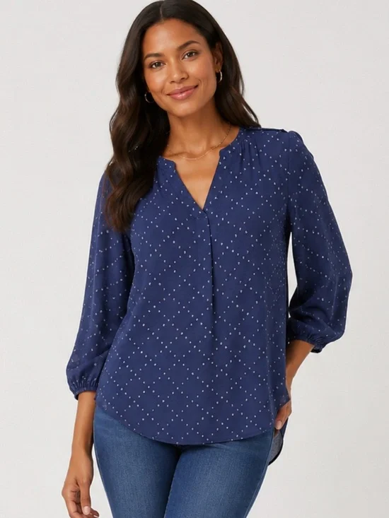 Como Black Swiss Dot Navy Blue Long Sleeve Blouse - size Large