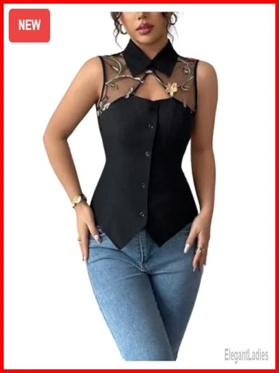 Floral Embroidery Sheer Mesh Button Up Vest Top Blouse