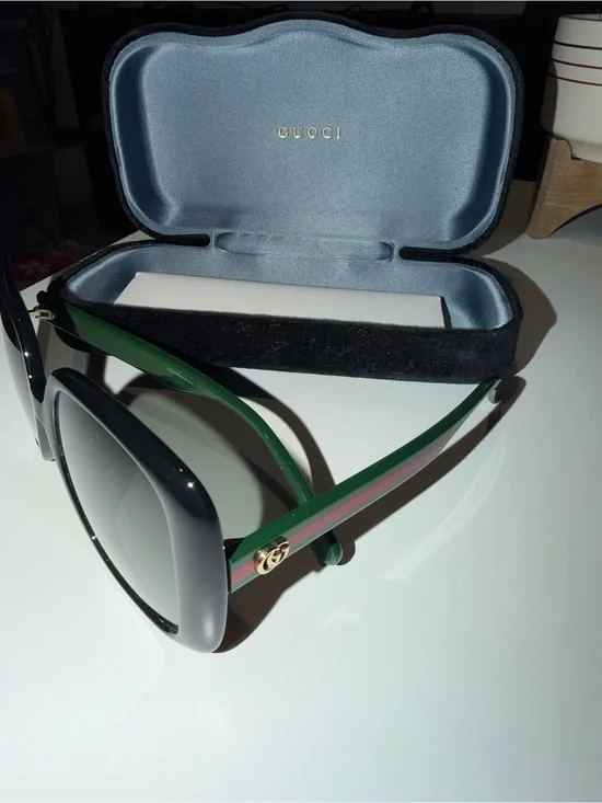 Gucci Women’s Black Frames with Green and Red Stripe Temples Sunglasses