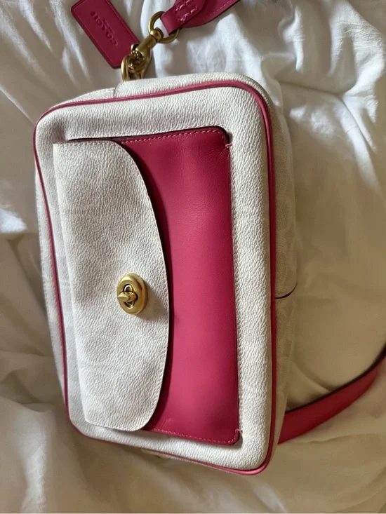 Coach White and Hot Pink Leather Crossbody Camera Bag