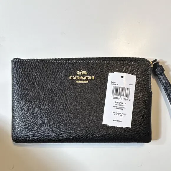 Coach Black Solid Zip Wristlet Wallet w/ Wrist Strap Logo Accent for Women