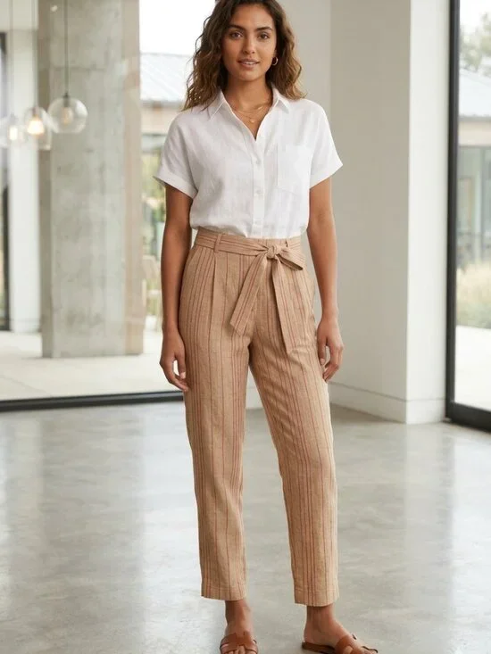 Banana Republic Avery Petite 6P Linen Blend Cropped Pants Tan Red Stripe Belt