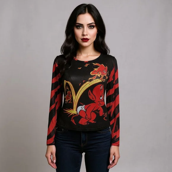 Dolls Kill Hot Stuff Casper Black Red Mesh Trusty Trident Long Sleeve Tee - Med
