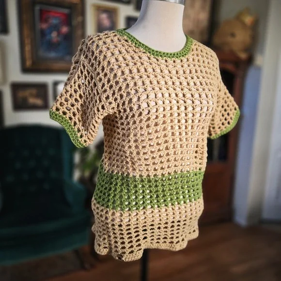 Samz‎ Creationz Handmade Crochet Mesh Top Tan Green Boho Open Knit Short Sleeve