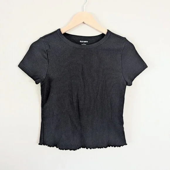 Slim Fit‎ Scallop Hem Waffle Knit Baby Tee Black Crew Neck Cotton Poly Women's M