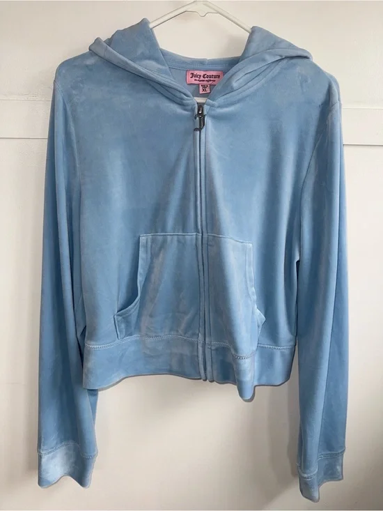 Juicy‎ Couture Hoodie Women’s Size XL Blue OG Big Bling Velour Y2K Cropped