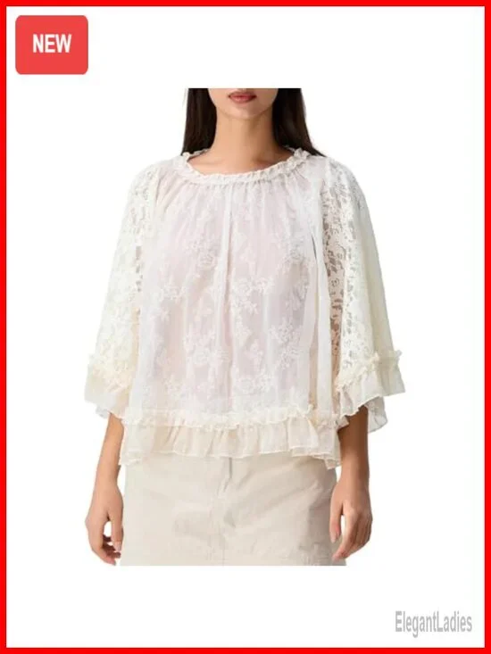 Boho Lace Sheer Mesh Long Sleeve Ruffle Flowy Top Blouse