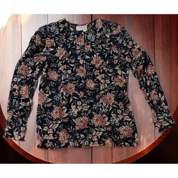 TALBOTS VINTAGE‎ 90s Floral Blouse Top SM Boho Cottage Green Pink Flowers Petals