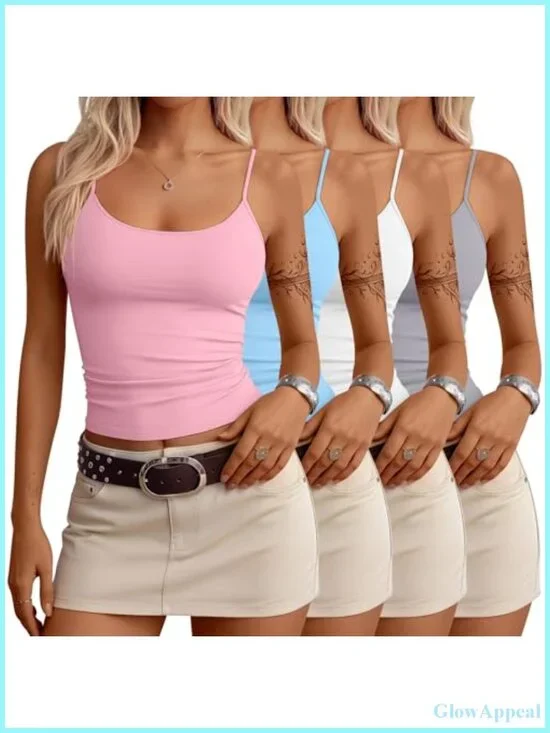 4 Pack Women's Knit Cami Tops Open Back Scoop Neck Spaghetti Strap Low Back