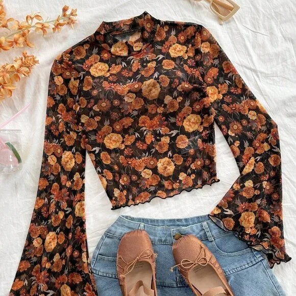 Multicolor Casual Women's Ditsy Floral Stand Collar Flare Sleeve mesh top