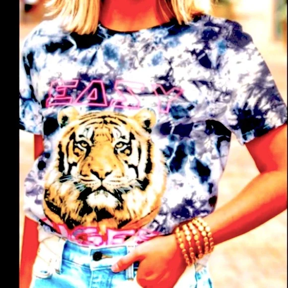 EASY TIGER EASY Black Tie-Dye On This Fun Tiger Face Short Sleeve T-Shirt