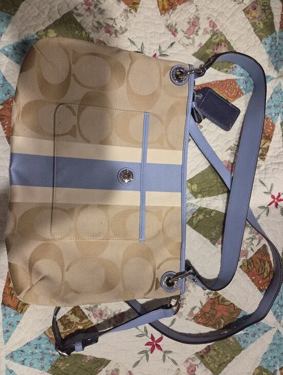 Coach Signature Canvas Shoulder Bag in Beige and Light Blue
