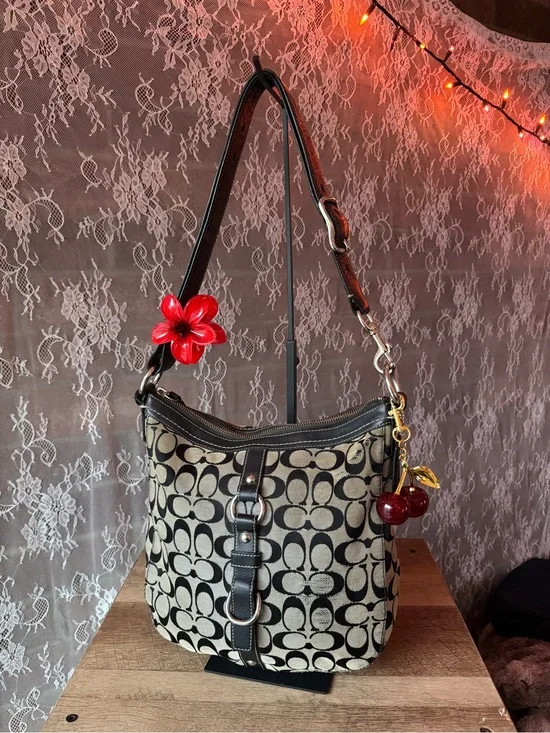Coach Black and Cream Signature Canvas Shoulder Bag with Cherry Charm