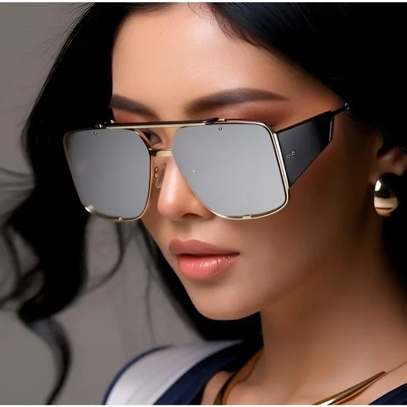 Square Sunglasses Gold‎ Frame Silver Mirror Lens Fashion Women Beach Street Wear