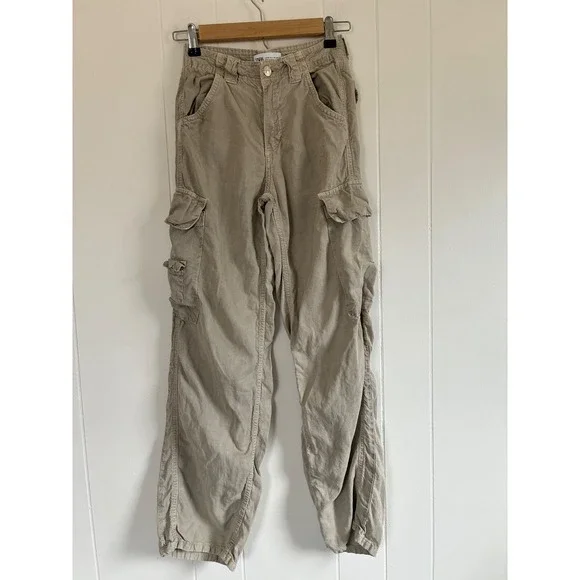 Zara Women Tan Khaki Lyocell Linen Blend Utility Cargo‎ Pants Size 0 EUR 32