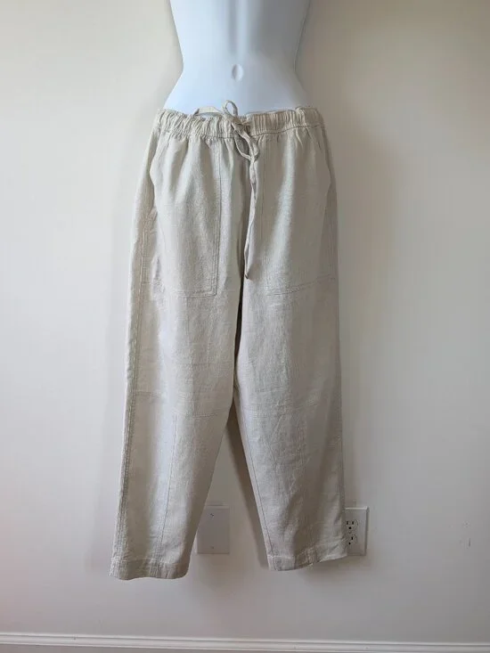 Zara Women's Tapered Linen Blend Pull On Pants Size L Sand Drawstring NWT