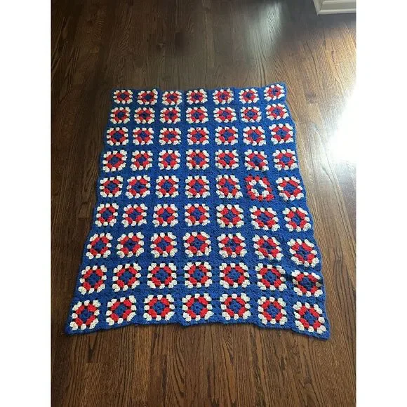 Vintage Hand Crocheted Granny Rectangle  Red‎ White & Blue Afghan Blanket 49x36
