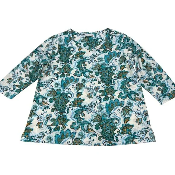 Emily Daniels Womens XL Paisley Print Tunic Top‎ Blue & Orange Stretch Fabric