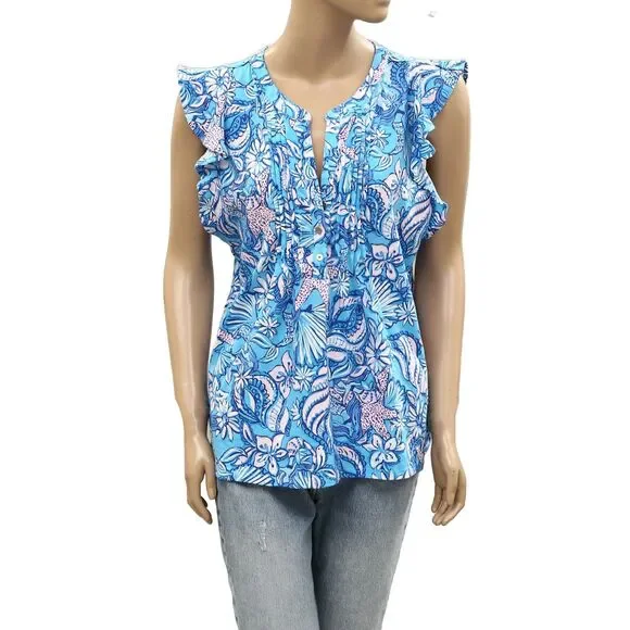 Lilly Pulitzer Golda Blouse Top Amalfi Sound The Sirens Cotton Printed S 288254