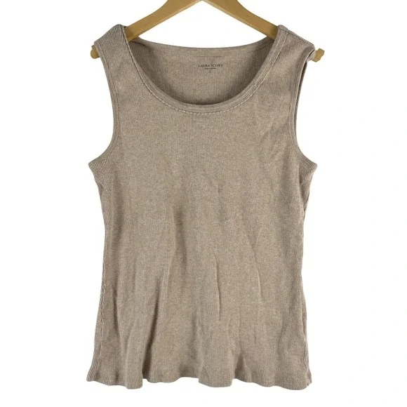 Laura Scott Womens Ribbed Knit Tank Top Size L Beige‎ Scalloped Basic Layering