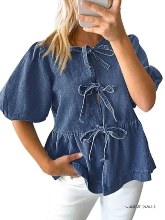 Womens Denim Babydoll Peplum Tie Front Blouse Puff Sleeve