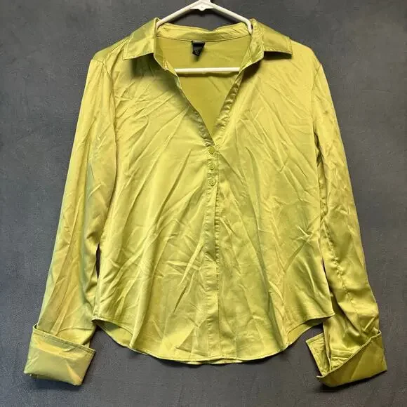 Wild Fable Satin Button Down Lime Green Blouse Size Small Work Office Club Y2K
