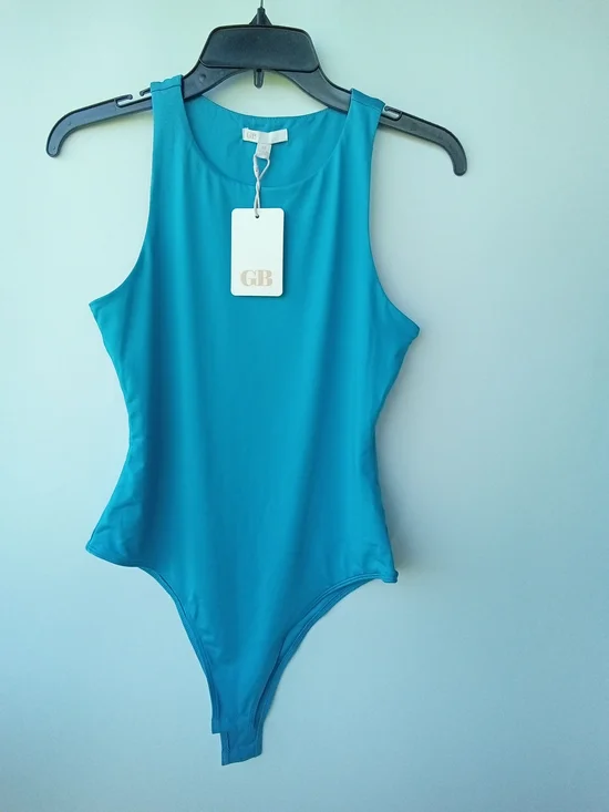 NWT GB Dillard's Turquoise Blue High Neck Sleeveless Thong Bodysuit Size M