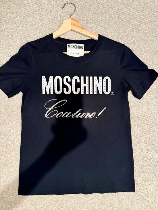 Authentic Moschino Black Short-Sleeve Tee with Crystal Logo. Retail price $388.
