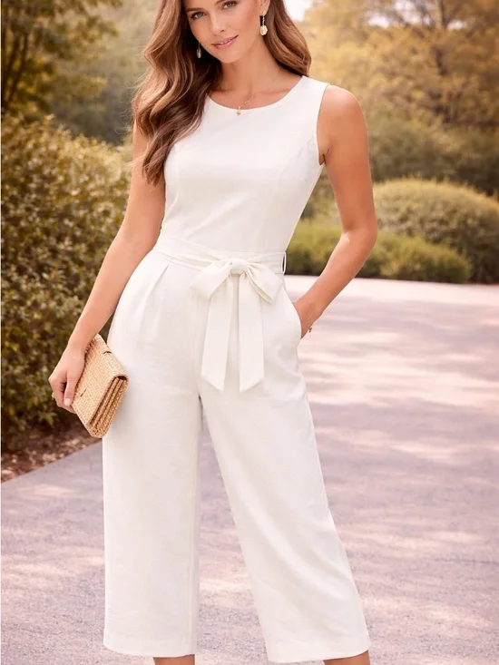 Banana Republic White Sleeveless Tie-Waist Linen Blend Jumpsuit