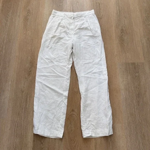 Wilfred Effortless Linen Blend Wide Leg Pants Womens 12 White Pleated High Rise