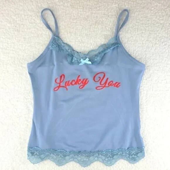 Virghoes Powder Blue Lacy Cami with red text printed Lucky You